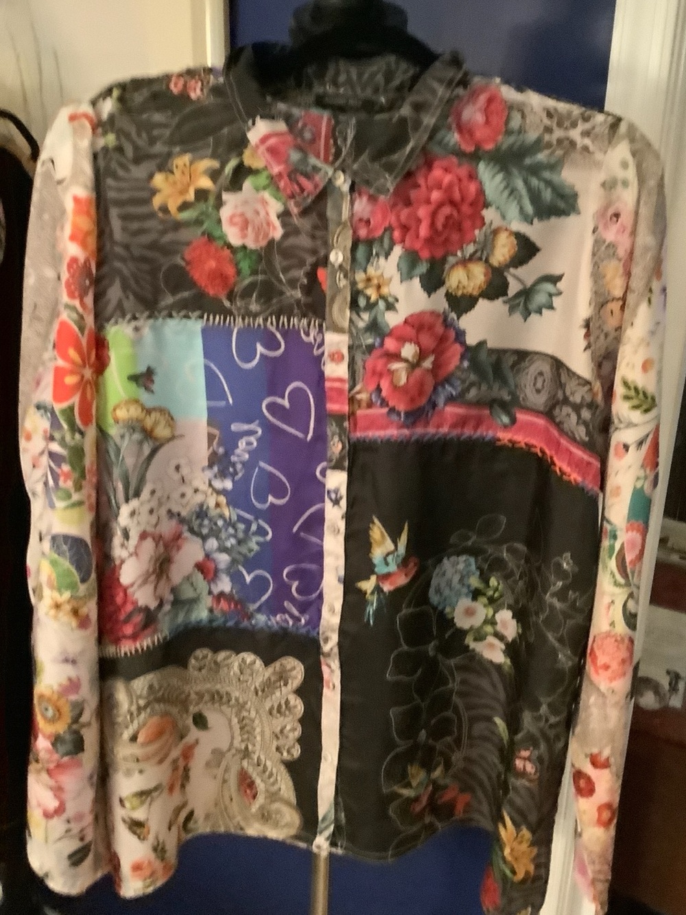 Johnny Was Multicolor Floral Patchwork Button-Front Blouse sz L